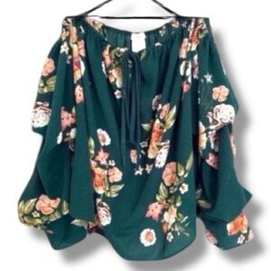 🍭 inTu Top Green Floral Print Off The Shoulder Croppy Size Small EUC